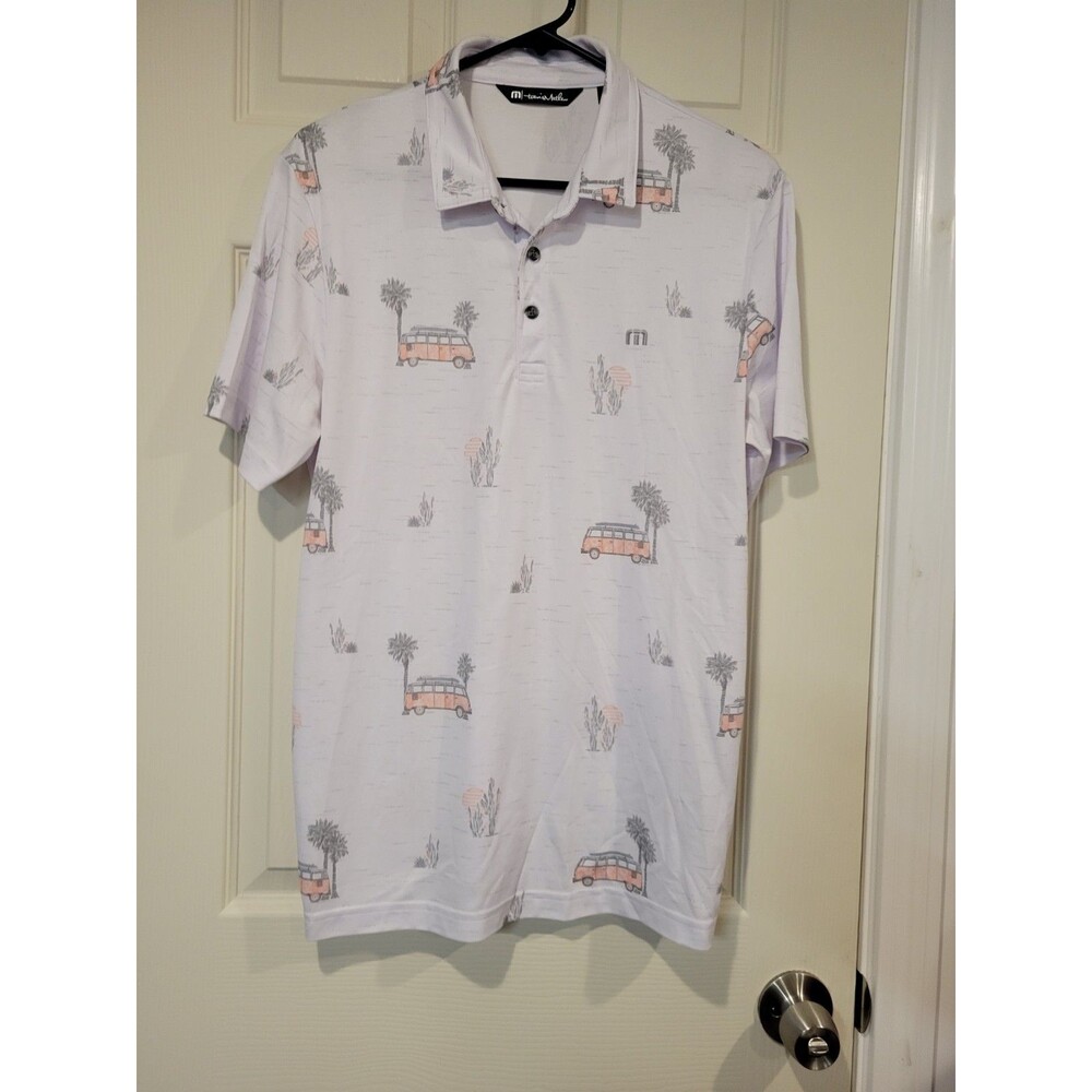 Travis Mathew Four Wheeling Polo Shirt - VW Bus Palm Print - White - Men's Med
